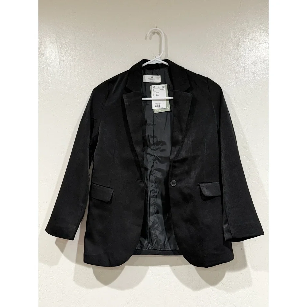 H&M Girls Black Satin Blazer Jacket NWT Size 10 Single Button Formal Dressy